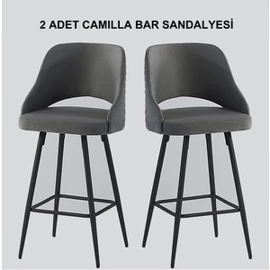Pi Sandalye 2 Adet Camilla Bar Taburesi - Mutfak Sandalyesi - Silinebilir Babyface Kumaş - Metal Siyah Ayak