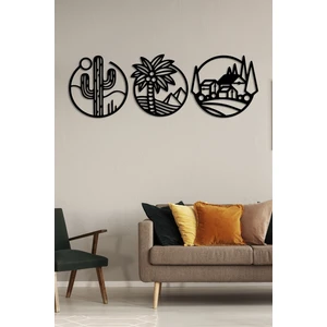 Numa Concept Doğa Kaktüs ve Köy Palm 3'lü Set Modern Duvar Oda Ev Aksesuarı Ahşap Tablo