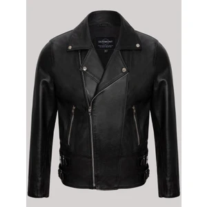 Deri Siyah Erkek Deri Mont Yandan Fermuarlı Beli Kemerli Deri Ceket