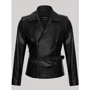 Deri Siyah Erkek Deri Mont Beli Kemerli Yandan Fermuarlı Deri Ceket