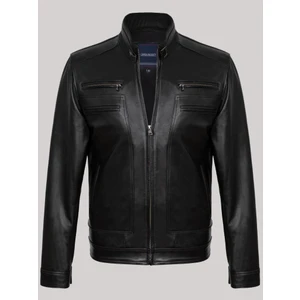 Deri Siyah Erkek Deri Mont Düz Dik Yaka Cepli Deri Ceket