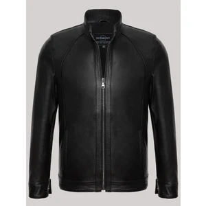 Deri Siyah Erkek Deri Mont Düz Slim Fit Hakim Yaka Deri Ceket