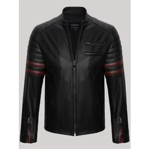 Deri Siyah Erkek Deri Mont Dik Yaka Kolları Fermuarlı Deri Ceket