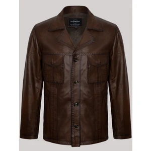 Deri Kahverengi Erkek Deri Mont Mono Yaka Düğmeli Deri Ceket