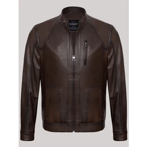 Deri Kahverengi Erkek Kenar Işlemeli Deri Ceket