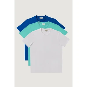 AC&Co / Altınyıldız Classics Erkek Beyaz-turkuaz-sax Slim Fit Dar Kesim Bisiklet Yaka 3'lü %100 Pamuk Tişört Paketi