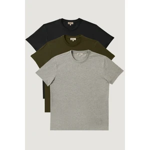 AC&Co / Altınyıldız Classics Erkek Sıyah-hakı-grı Melanj Slim Fit Dar Kesim Bisiklet Yaka 3'lü %100 Pamuk Tişört Paketi