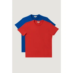 Altınyıldız Classics Erkek Sax-kırmızı Slim Fit Dar Kesim Bisiklet Yaka %100 Pamuk 2'li Düz Tişört Paketi