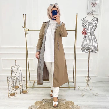 Vibeys Collection Bej Içi Çizgili ve Kendinden Astarlı Su Geçirmez Kadın