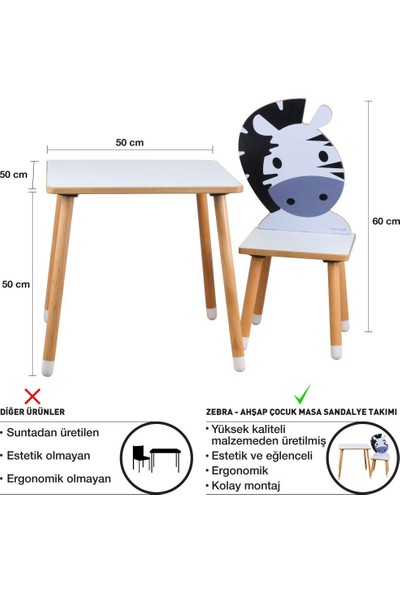 Odun Concept Çocuk Aktivite Masa ve Sandalye Takımı - Mdf- Zebra - Yaz Sil Özellikli