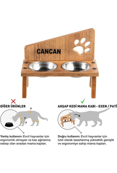 Odun Concept Çelik Kaseli Ahşap Kedi Mama ve Su Kabı - Tamamen Ahşap Exen - Pati