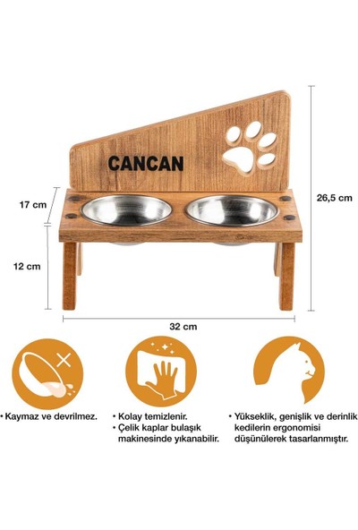 Odun Concept Çelik Kaseli Ahşap Kedi Mama ve Su Kabı - Tamamen Ahşap Exen - Pati