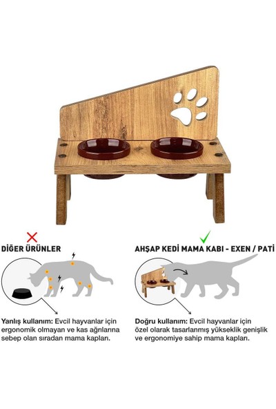 Odun Concept Seramik Kaseli Kedi Mama ve Su Kabı - Bordo Seramik Tamamen Ahşap - Exen - Pati