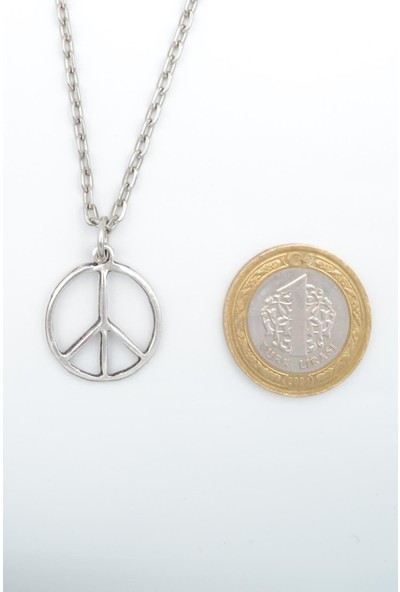 Bu Farklı Peace Barış Sembolü Erkek Kadın Kolye Antik Gümüş Kaplama - 60 cm Düz Zincir