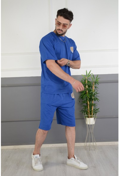 e-bizz store Erkek Ayıcık Nakışlı Petekli Kumaş Short & T-Shirt Eşofman Takımı