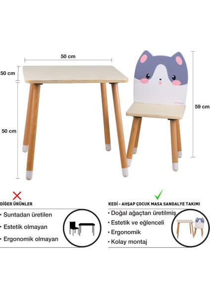 Doğal Ahşap Çocuk Aktivite Masa ve Sandalye Takımı - Kedi modelleri