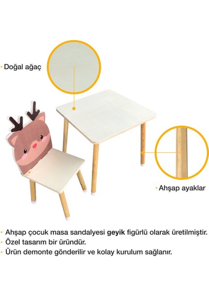 Doğal Ahşap Çocuk Aktivite Masa ve Sandalye Takımı - Geyik fırsatları