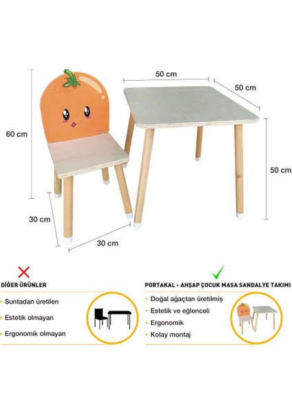 Doğal Ahşap Çocuk Aktivite Masa ve Sandalye Takımı - Portakal modelleri