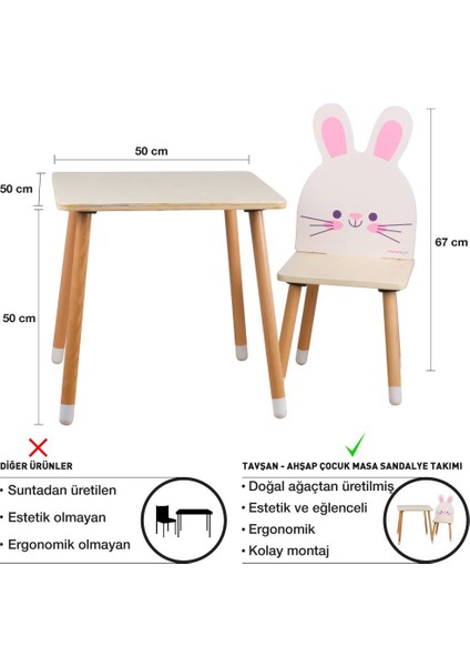 Doğal Ahşap Çocuk Aktivite Masa ve Sandalye Takımı - Tavşan modelleri