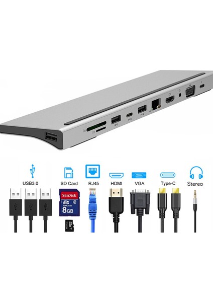 MST14-U 14in1 Type-C To 4*usb 3.0 4K Hdmı RJ45 Ethernet Kart Okuyucu Aux Pd Hub Çevirici Adaptör