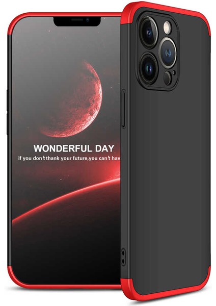 Apple iPhone 13 Pro Max Kılıf 3 Parçalı Tam Koruma Sert Mika Ays Kapak Siyah Kırmızı