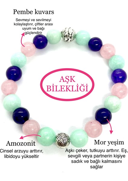 Unisex Doğaltaş Aşk Bilekliği (Mor Yeşim Pembe Kuvars Amazonit Doğaltaş)