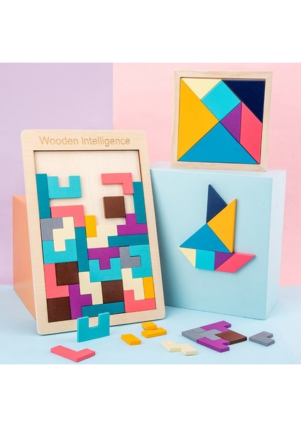 2'li Oyun Seti 1 Adet Ahşap Tetris 1 Adet Ahşap Tangram Oyunu 2si 1 Arada