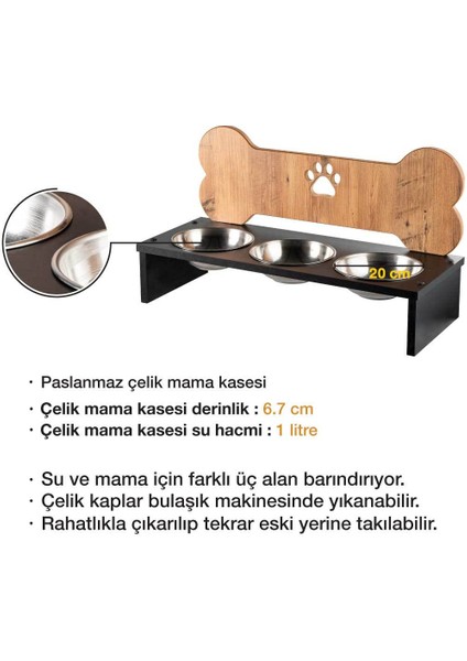 3 Lü Çelik Kaseli Köpek Mama ve Su Kabı - Kemik - Ahşap fırsatları