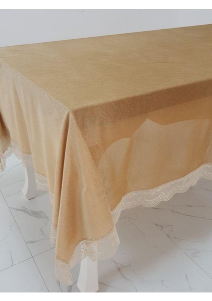 Pera Lüx  Dantelli Kadife Kumaş Vizon Masa Örtüsü  Dikdörtgen 160x220 cm - 1011