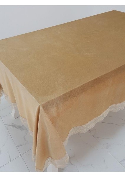 Pera Lüx  Dantelli Kadife Kumaş Vizon Masa Örtüsü  Dikdörtgen 160x220 cm - 1011