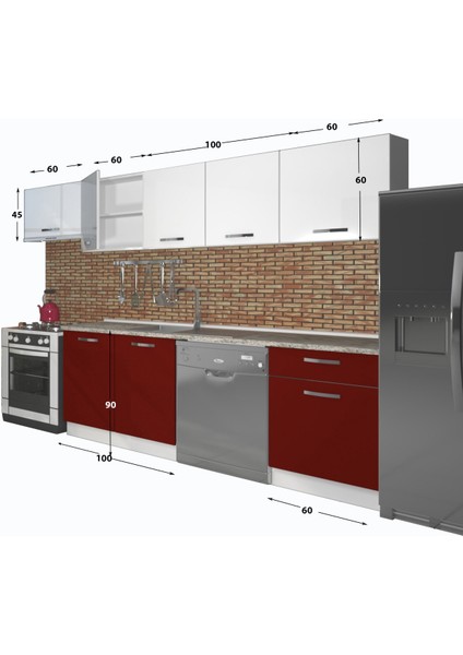 Elite 280 MDF Hazır Mutfak Dolabı - Tezgah Dahil - Bordo - Beyaz