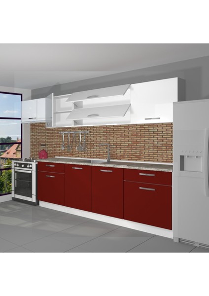 Prestij 280 MDF Hazır Mutfak Dolabı - Tezgah Dahil - Bordo - Beyaz