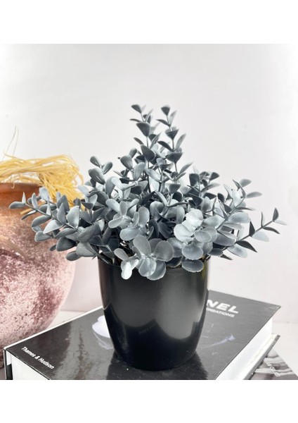 Yapay Çiçek Gümüş Renk Şimşir Siyah Saksıda Siyah Plastik Saksılı Dekoratif Süs Çiçeği
