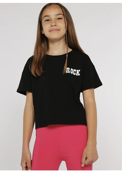 Funky Rocks Siyah Bisiklet Yaka Kısa Standart Fit Baskılı Kız Çocuk T-Shirt