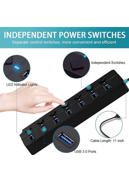 Bireysel Güç Anahtarları ve Işıkları ile 7 Bağlantı Noktalı USB 3.0 Hub (Yurt Dışından)