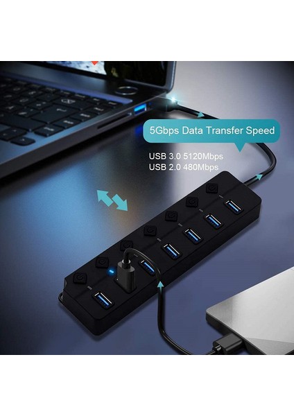 Bireysel Güç Anahtarları ve Işıkları ile 7 Bağlantı Noktalı USB 3.0 Hub (Yurt Dışından)