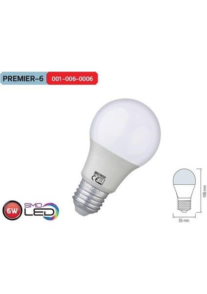Premier-6 LED Ampül(6 Adet ) 6 Watt 406LM Beyaz Işık