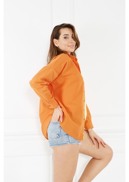 Kadın Blok Renkli Oversize Çift Renk Poplin Gömlek