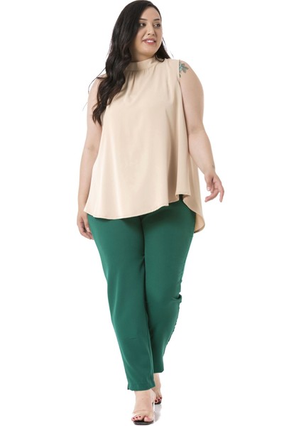 Büyük Beden Beli Yanlardan Lastikli Fermuarlı Paçası Yırtmaçlı Zümrüt Yeşili Pantolon fiyatları