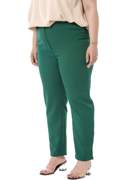 Büyük Beden Beli Yanlardan Lastikli Fermuarlı Paçası Yırtmaçlı Zümrüt Yeşili Pantolon indirimleri