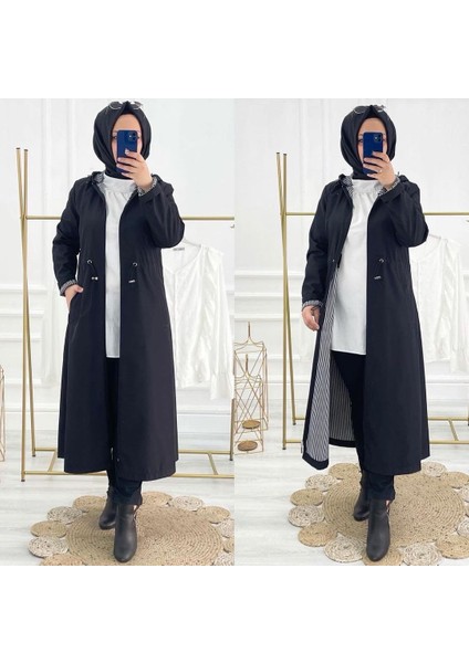 Siyah Içi Çizgili ve Kendinden Astarlı Su Geçirmez Kadın Trençkot fiyatları