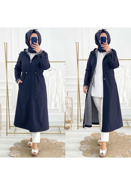 Lacivert Içi Çizgili ve Kendinden Astarlı Su Geçirmez Kadın Trençkot fiyatları