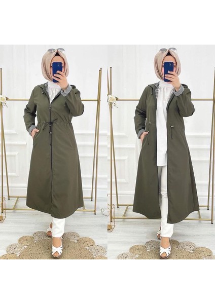 Haki Içi Çizgili ve Kendinden Astarlı Su Geçirmez Kadın Trençkot fiyatları