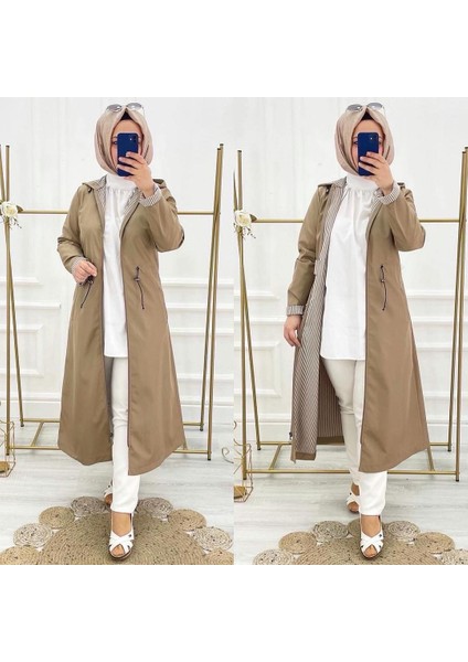 Bej Içi Çizgili ve Kendinden Astarlı Su Geçirmez Kadın Trençkot fiyatları