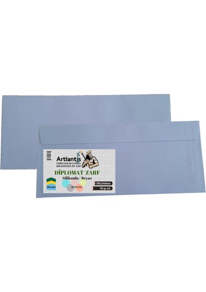 Diplomat Zarf 10.5X24 cm Beyaz 90 gr Silikonlu 250'LI 1 Paket Artlantis 105*240 mm Para Zarfı Beyaz 250 Li 1 Paket