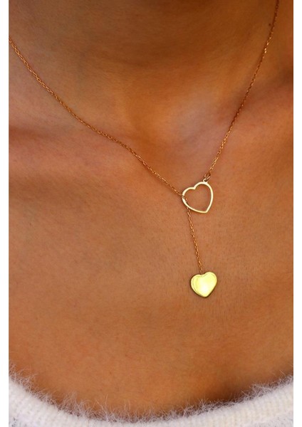 Kadın 925 Ayar Gümüş Altın Kaplama Iç Içe Kalp Kolye