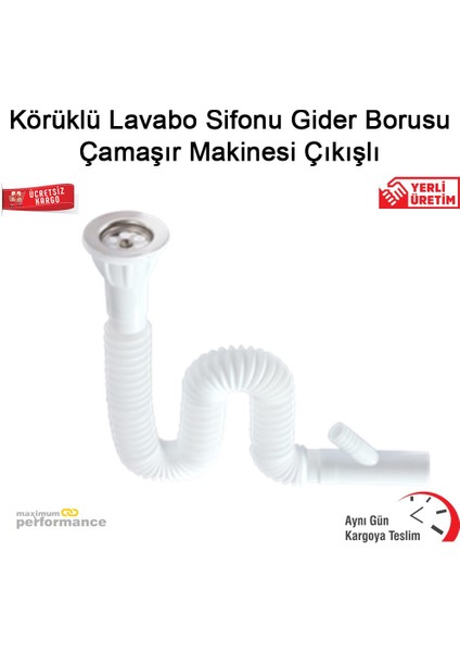 Körüklü Lavabo Sifonu Gider Borusu Çamaşır Makinesi Çıkışlı