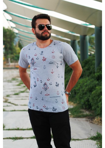 Erkek Gri Slim Fit Büyük Çapa Desenli Kısa Kollu Tişört 20ETSHBCAP