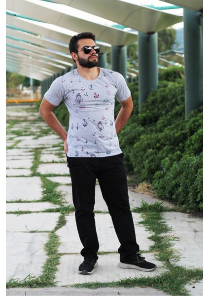 Erkek Gri Slim Fit Büyük Çapa Desenli Kısa Kollu Tişört 20ETSHBCAP fiyatları