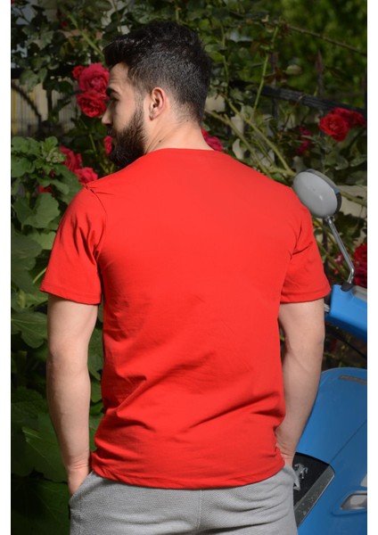 Erkek Kırmızı Slim Fit Çapa Baskılı Kısa Kollu Bisiklet Yaka Tişört 20ETSHCAPA